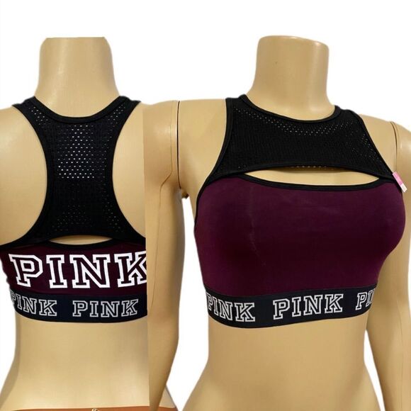Victorias Secret Pink Sport Cotton Unlined High Neck Crop bra black wine Small - Picture 1 of 5